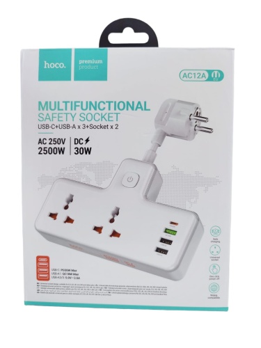 Переходник HOCO AC12A на 2 розетки + 3 USB + Type-C PD30W (белый) фото 2