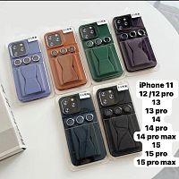 Чехол iPhone 15 Pro Max с подставкой, отделом для карт и защитными стелами на камеру (сиреневый)