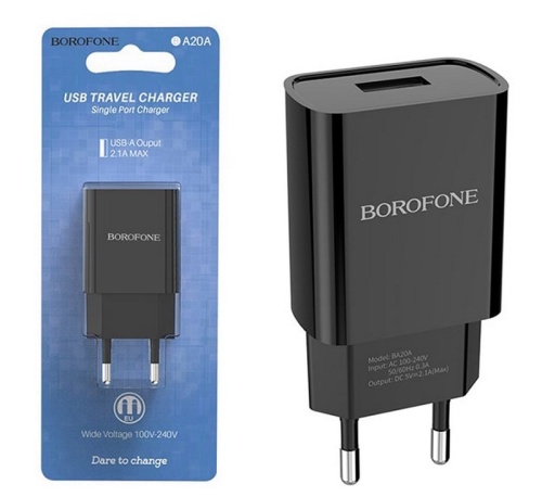 Сетевой адаптер питания BOROFONE BA20A 1 USB 2.1A (черный)