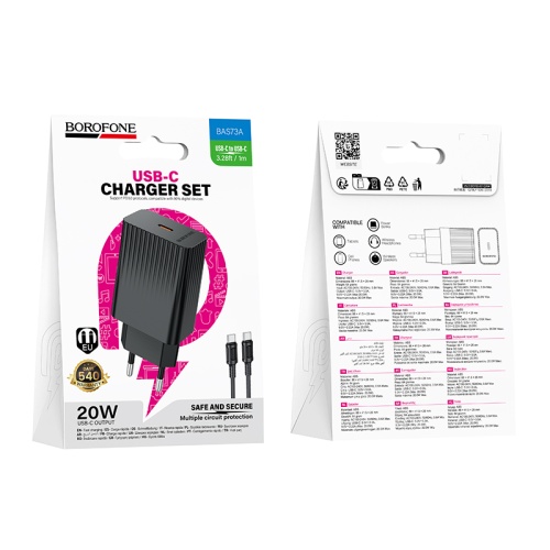 Сетевой адаптер питания BOROFONE BAS73A PD20W  + кабель Type C-Type C (черный)