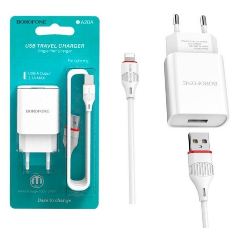 Сетевой адаптер питания BOROFONE BA20A 1USB 2.1A + кабель Lightning (белый)