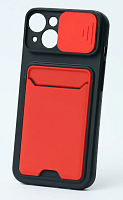 Чехол с картхолдером и защитой камеры для iPhone 13 (черно-красный)