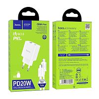 Сетевой адаптер питания HOCO C80A Plus + кабель Type C-Lightning PD 20W + QC 3.0 (белый)