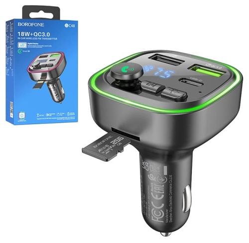 Автомобильный FM-трансмиттер BOROFONE BC48 Bluetooth (черный) с поддержкой быстрой зарядки
