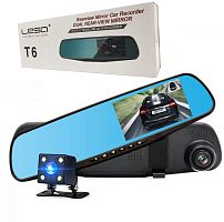 Автомобильный видеорегистратор зеркало LESA T6 + 2 камеры, зеркало заднего вида (черный)