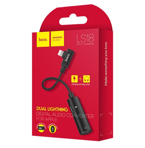 Аудио адаптер HOCO LS18 Lightning 8-pin на 2хLightning 8-pin, зарядка и аудио, DC, 0.116м, TPE (серы фото 2