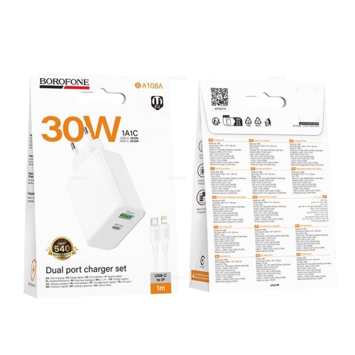 Сетевой адаптер питания BOROFONE BA108A PD 30W QC 3.0 + кабель Lighting-Type-C (белый)