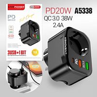 Сетевой адаптер питания LP NS3 3USB 1 розетка QC3.0+ PD20W 38W (черный)